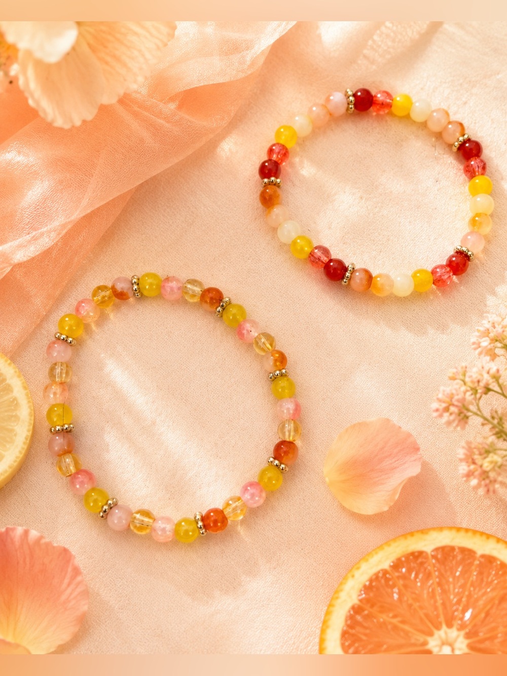 Citrus Sunrise Bracelet Set | Peach, Yellow & Coral Beaded Jewelry 8”